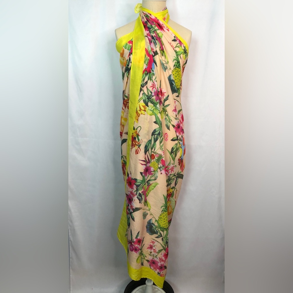 Sarong Floral Tropical with Yellow Trim Beach Coverup 59”X51”